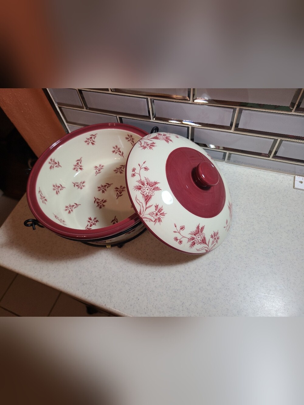 Temp-Tations Cream and Burgundy Floral Covered Serving Dish